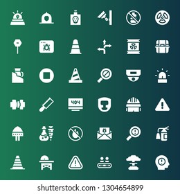 caution icon set. Collection of 36 filled caution icons included Warning, Nuclear, Walkway, Alert, Saw, Cone, Extinguisher, Malware, No fire allowed, Poison, Helmet, Headgear
