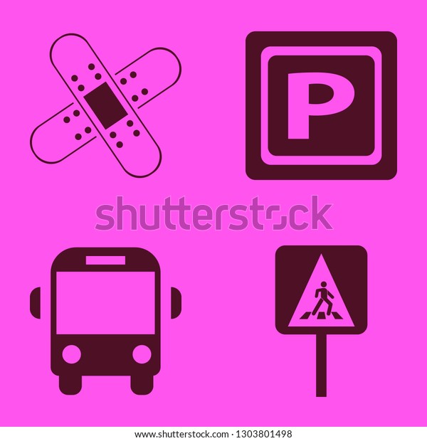 caution icon set with school bus, parking\
sign and pedestrian sign vector\
illustration