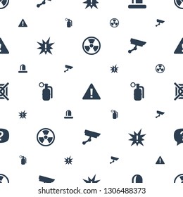 caution icons pattern seamless white background. Included editable filled radiation, warning, siren, exclamation, dynamite, security camera icons. caution icons for web and mobile.