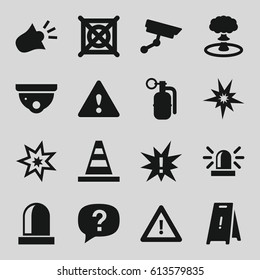 Caution icons set. set of 16 caution filled icons such as siren, security camera, wet floor, no dry cleaning, cone, warning, dynamite, explosion, exclamation