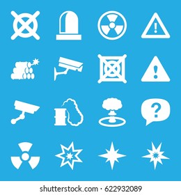 Caution icons set. set of 16 caution filled icons such as no dry cleaning, warning, siren, security camera, dynamite, explosion, radiation, smoking can, exclamation