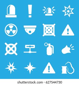 Caution icons set. set of 16 caution filled icons such as siren, security camera, no dry cleaning, warning, dynamite, explosion, smoking can, radiation, explode, camera