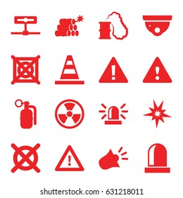 Caution icons set. set of 16 caution filled icons such as siren, security camera, no dry cleaning, cone, warning, dynamite, smoking can, radiation, explode