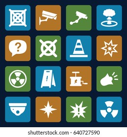 Caution icons set. set of 16 caution filled icons such as security camera, security camera, wet floor, no dry cleaning, cone, siren, explosion, dynamite, radiation