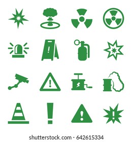 Caution icons set. set of 16 caution filled icons such as siren, security camera, wet floor, cone, warning, dynamite, explosion, radiation, smoking can, exclamation, explode