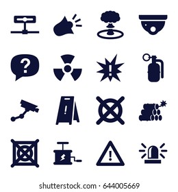 Caution icons set. set of 16 caution filled icons such as siren, security camera, security camera, wet floor, no dry cleaning, warning, dynamite, explosion, radiation