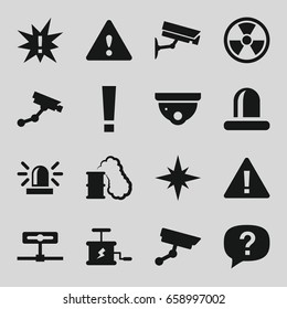 Caution icons set. set of 16 caution filled icons such as siren, security camera, security camera, warning, dynamite, explosion, smoking can, exclamation, radiation, camera