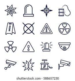 caution icons set. Set of 16 caution outline icons such as siren, security camera, wet floor, no dry cleaning, warning, explosion, dynamite, radiation, smoking can