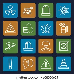 Caution icons set. set of 16 caution outline icons such as no dry cleaning, cone, warning, siren, security camera, dynamite, explosion, radiation, smoking can, exclamation