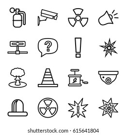 Caution icons set. set of 16 caution outline icons such as security camera, cone, siren, dynamite, explosion, radiation, exclamation, explode, camera