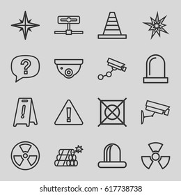 Caution icons set. set of 16 caution outline icons such as security camera, Security camera, wet floor, no dry cleaning, cone, siren, dynamite, explosion, radiation, warning