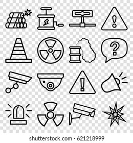 Caution icons set. set of 16 caution outline icons such as siren, security camera, cone, warning, dynamite, radiation, smoking can, exclamation, explode
