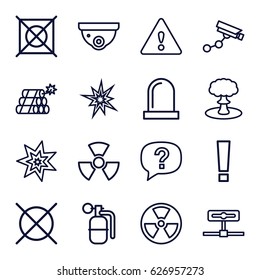 Caution icons set. set of 16 caution outline icons such as security camera, Security camera, no dry cleaning, siren, warning, dynamite, explosion, radiation, exclamation