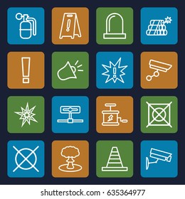 Caution icons set. set of 16 caution outline icons such as wet floor, no dry cleaning, cone, siren, security camera, dynamite, explosion, exclamation, explode, camera