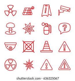 Caution icons set. set of 16 caution outline icons such as security camera, wet floor, no dry cleaning, cone, warning, dynamite, explosion, radiation, exclamation
