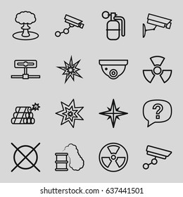 Caution icons set. set of 16 caution outline icons such as security camera, security camera, no dry cleaning, dynamite, explosion, radiation, smoking can, exclamation, explode
