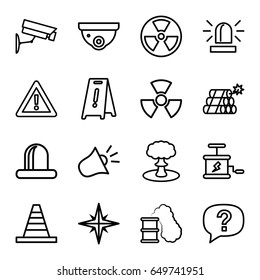 Caution icons set. set of 16 caution outline icons such as siren, security camera, wet floor, cone, warning, dynamite, explosion, radiation, smoking can