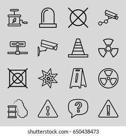 Caution icons set. set of 16 caution outline icons such as security camera, wet floor, no dry cleaning, cone, siren, warning, security camera, explosion, dynamite, radiation