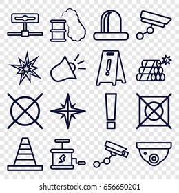 Caution icons set. set of 16 caution outline icons such as security camera, security camera, wet floor, no dry cleaning, cone, siren, dynamite, explosion, smoking can, explode