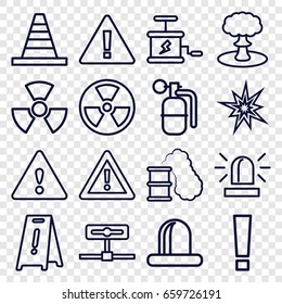 Caution icons set. set of 16 caution outline icons such as siren, wet floor, cone, warning, dynamite, explosion, radiation, smoking can, explode, camera