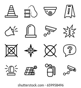 Caution icons set. set of 16 caution outline icons such as siren, security camera, security camera, wet floor, no dry cleaning, cone, dynamite, explosion, smoking can