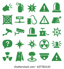 Caution icons set. set of 25 caution filled icons such as siren, security camera, security camera, wet floor, no dry cleaning, warning, dynamite, explosion, radiation