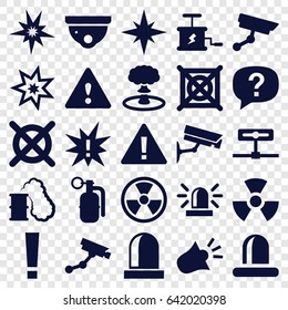 Caution icons set. set of 25 caution filled icons such as siren, security camera, security camera, no dry cleaning, warning, dynamite, explosion, radiation, smoking can