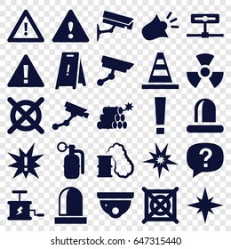Caution icons set. set of 25 caution filled icons such as security camera, security camera, wet floor, no dry cleaning, cone, warning, siren, dynamite, explosion, radiation