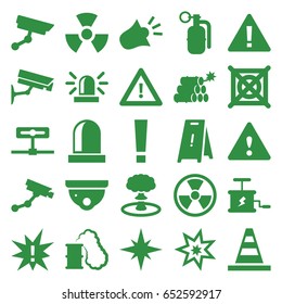 Caution icons set. set of 25 caution filled icons such as siren, security camera, security camera, wet floor, no dry cleaning, cone, warning, dynamite, explosion, radiation