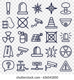 Caution icons set. set of 25 caution outline icons such as siren, security camera, security camera, wet floor, no dry cleaning, cone, warning, dynamite, explosion, radiation