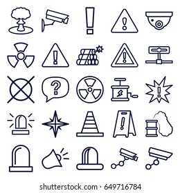 Caution icons set. set of 25 caution outline icons such as siren, security camera, security camera, wet floor, no dry cleaning, cone, warning, dynamite, explosion, radiation