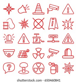 Caution icons set. set of 25 caution outline icons such as siren, security camera, wet floor, no dry cleaning, cone, warning, dynamite, explosion, radiation, smoking can