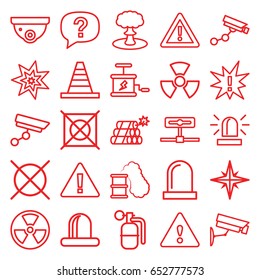 Caution icons set. set of 25 caution outline icons such as siren, security camera, security camera, no dry cleaning, cone, warning, dynamite, explosion, radiation, smoking can