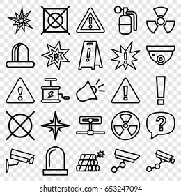 Caution icons set. set of 25 caution outline icons such as security camera, security camera, wet floor, no dry cleaning, warning, siren, dynamite, explosion, radiation