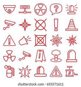 Caution icons set. set of 25 caution outline icons such as siren, security camera, security camera, wet floor, no dry cleaning, cone, warning, dynamite, explosion, radiation