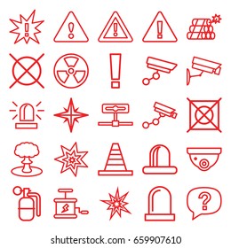 Caution icons set. set of 25 caution outline icons such as siren, security camera, security camera, no dry cleaning, cone, warning, dynamite, explosion, exclamation, radiation