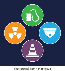 Caution icons set. set of 4 caution filled icons such as security camera, cone, radiation