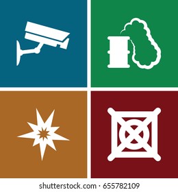 Caution icons set. set of 4 caution filled icons such as no dry cleaning, security camera, smoking can