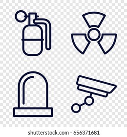 Caution icons set. set of 4 caution outline icons such as siren, security camera, dynamite