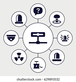 Caution icons set. set of 9 caution filled icons such as siren, security camera, dynamite, explosion, radiation, exclamation