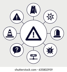 Caution icons set. set of 9 caution filled icons such as wet floor, cone, warning, siren, explosion, exclamation