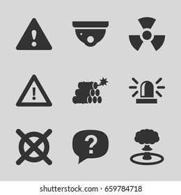 Caution icons set. set of 9 caution filled icons such as siren, security camera, no dry cleaning, warning, dynamite, explosion, radiation