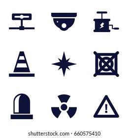 Caution icons set. set of 9 caution filled icons such as security camera, no dry cleaning, cone, warning, siren, dynamite, explosion, radiation