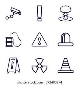 caution icons set. Set of 9 caution outline icons such as Security camera, wet floor, cone, siren, warning, explosion, radiation, smoking can