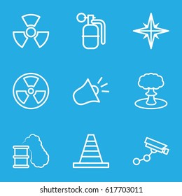 Caution icons set. set of 9 caution outline icons such as Security camera, cone, siren, dynamite, explosion, radiation