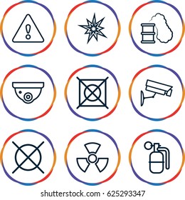 Caution icons set. set of 9 caution outline icons such as security camera, no dry cleaning, warning, dynamite, radiation, smoking can