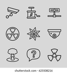 Caution icons set. set of 9 caution outline icons such as security camera, explosion, dynamite, radiation, exclamation