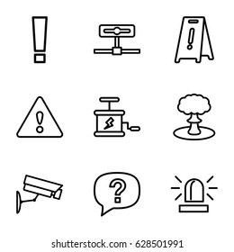 Caution icons set. set of 9 caution outline icons such as siren, wet floor, warning, security camera, dynamite, explosion, exclamation, camera