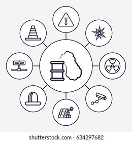 Caution icons set. set of 9 caution outline icons such as security camera, cone, siren, warning, dynamite, smoking can, radiation, explode