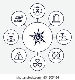 Caution icons set. set of 9 caution outline icons such as no dry cleaning, siren, dynamite, explosion, radiation, warning